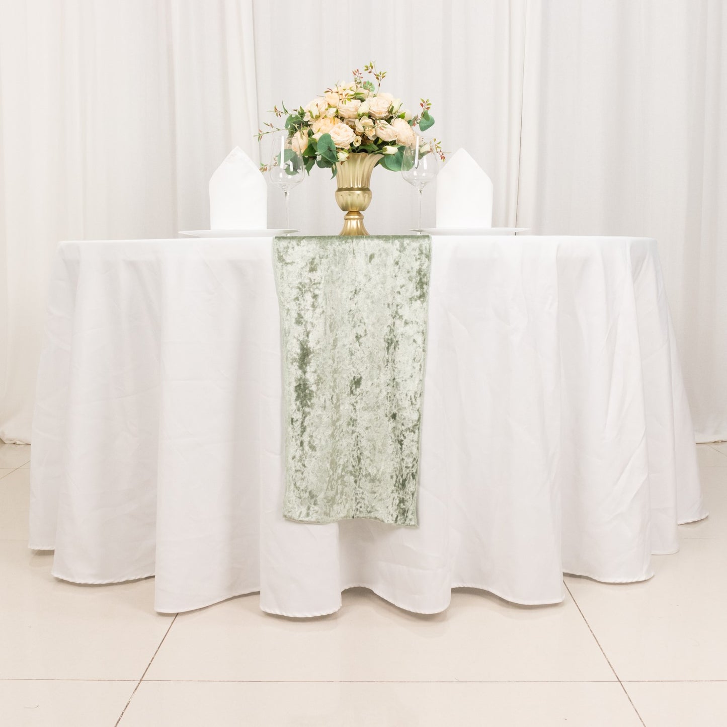 12"x108" Sage Green Premium Crushed Velvet Table Runner - 190GSM