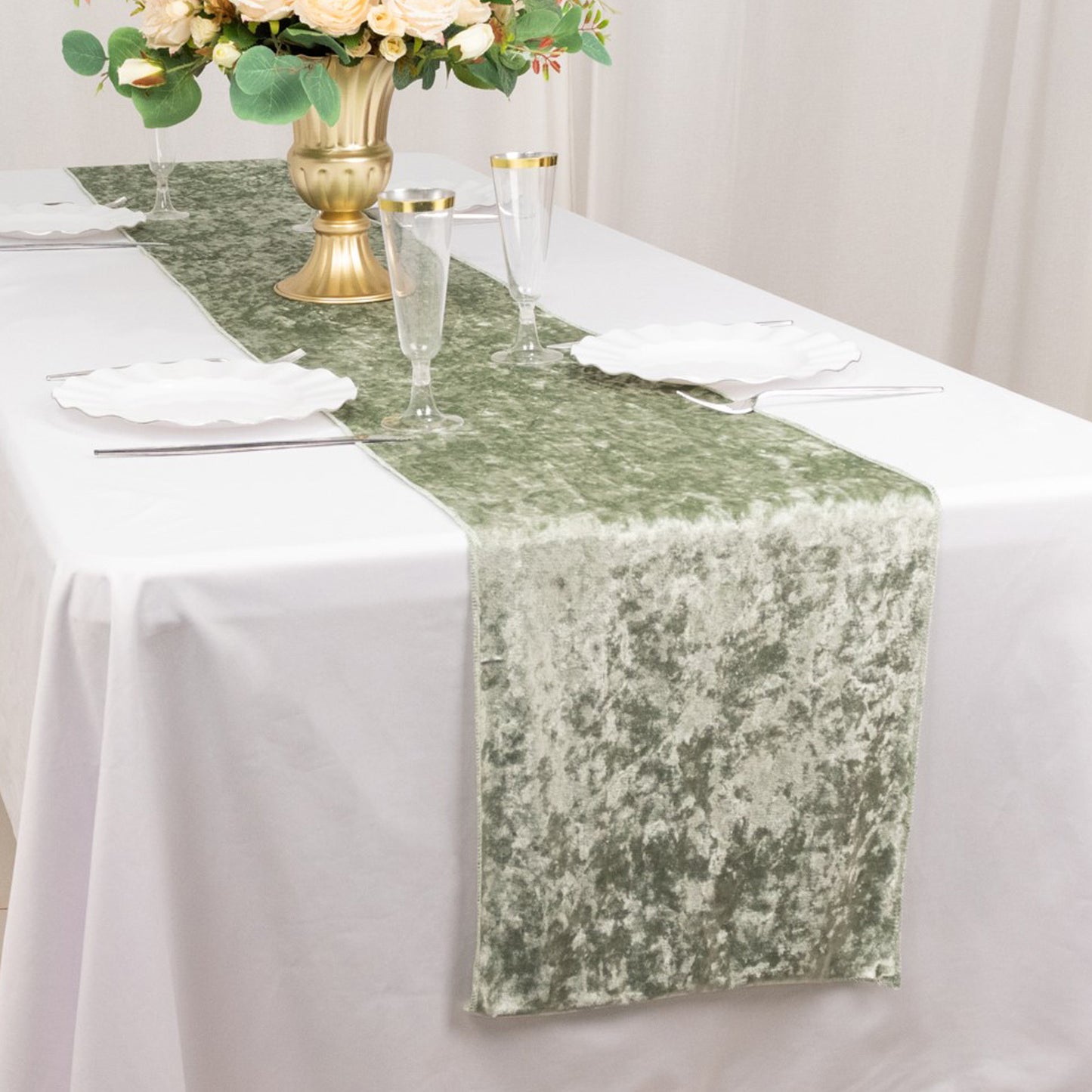 12"x108" Sage Green Premium Crushed Velvet Table Runner - 190GSM