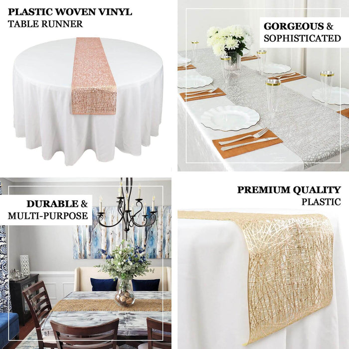 Metallic gold non-slip woven vinyl table runner on a white table.