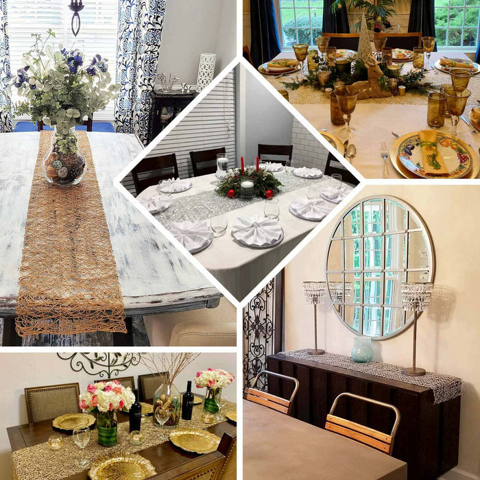 Metallic gold reversible table runner on various dining tables.
