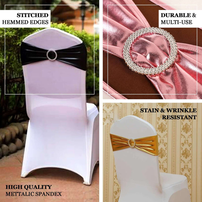 5 Pack Metallic Rose Gold Spandex Chair Sashes With Attached Round Diamond Buckles