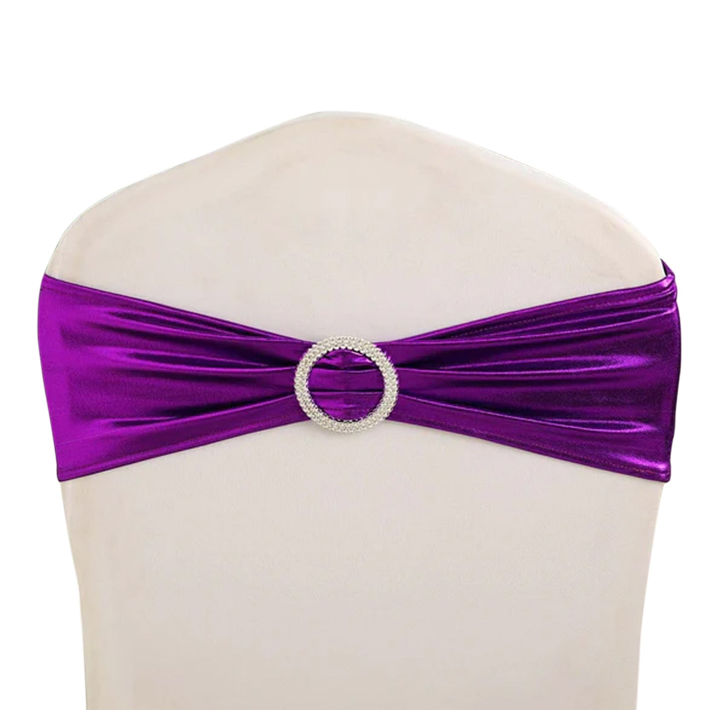 5 Pack Metallic Purple Spandex Chair Sashes With Attached Round Diamond Buckles