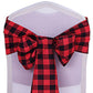 Black and red checkered chair sashes, perfect for festive decor. #whtbkgd
