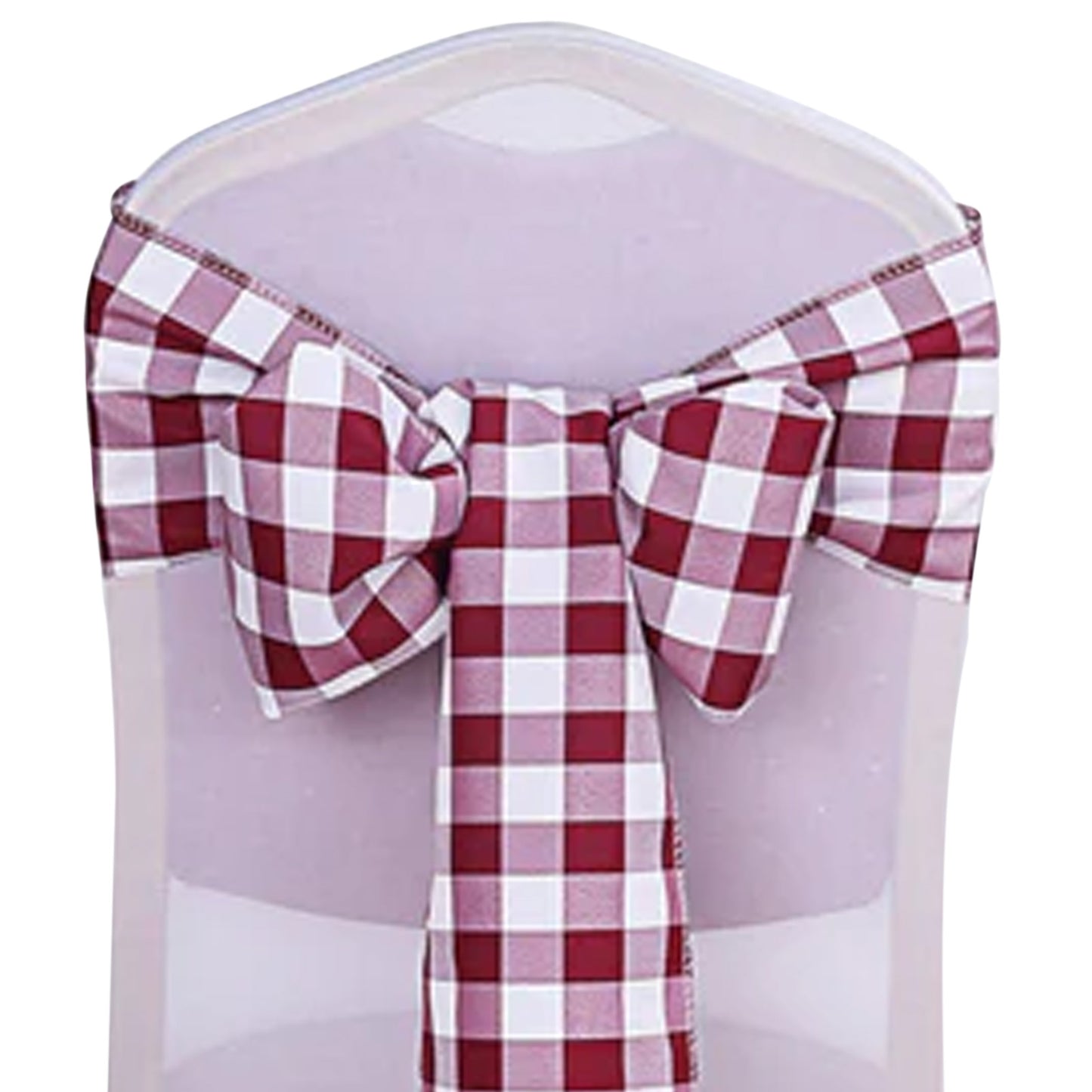 Burgundy and white checkered chair sashes for decoration. #whtbkgd