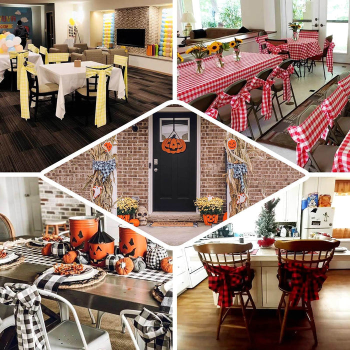 Burgundy and white checkered chair sashes in various festive settings.