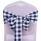 Navy blue and white checkered chair sashes for decoration. #whtbkgd