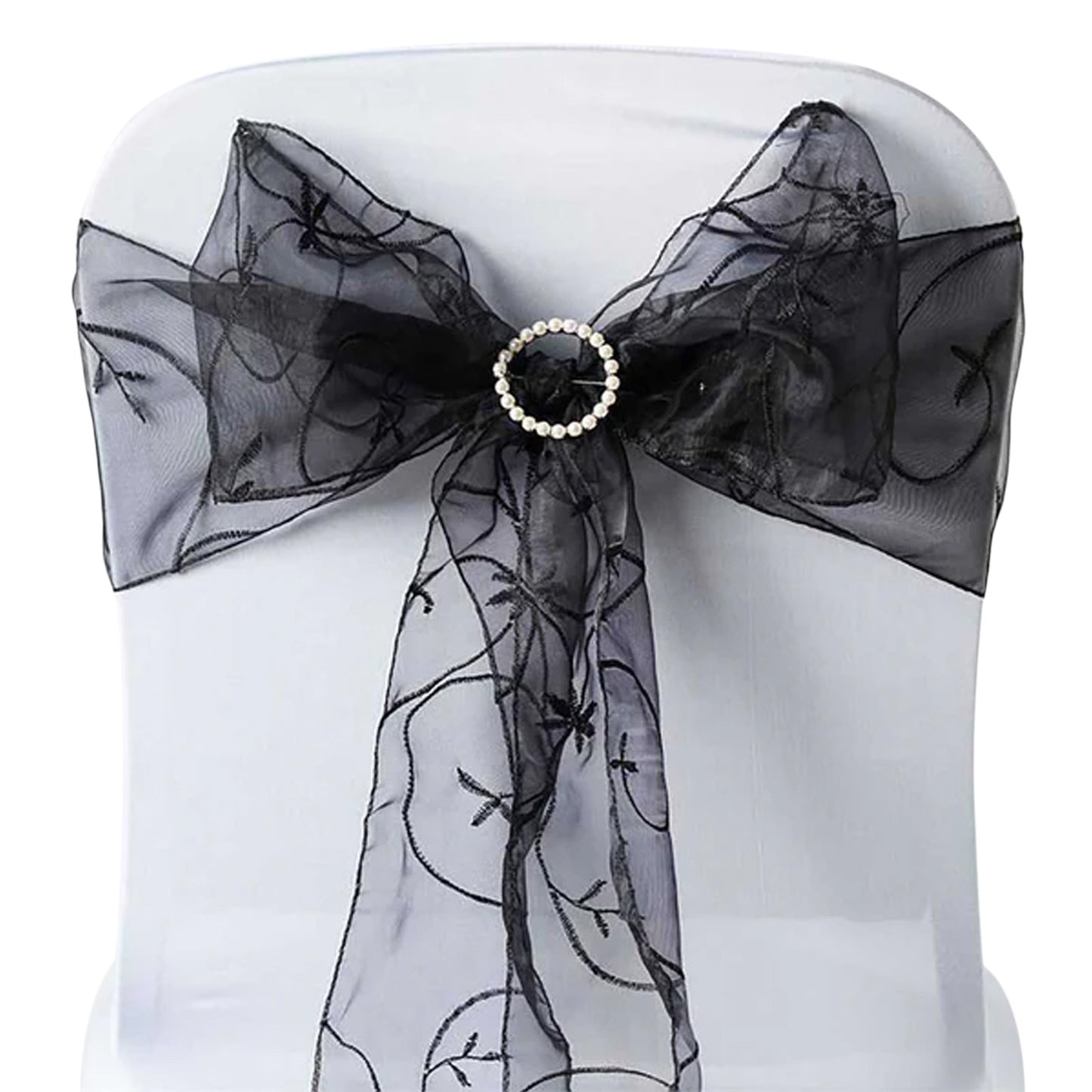 5 Pack | Black Embroidered Organza Chair Sashes | 7"x108"