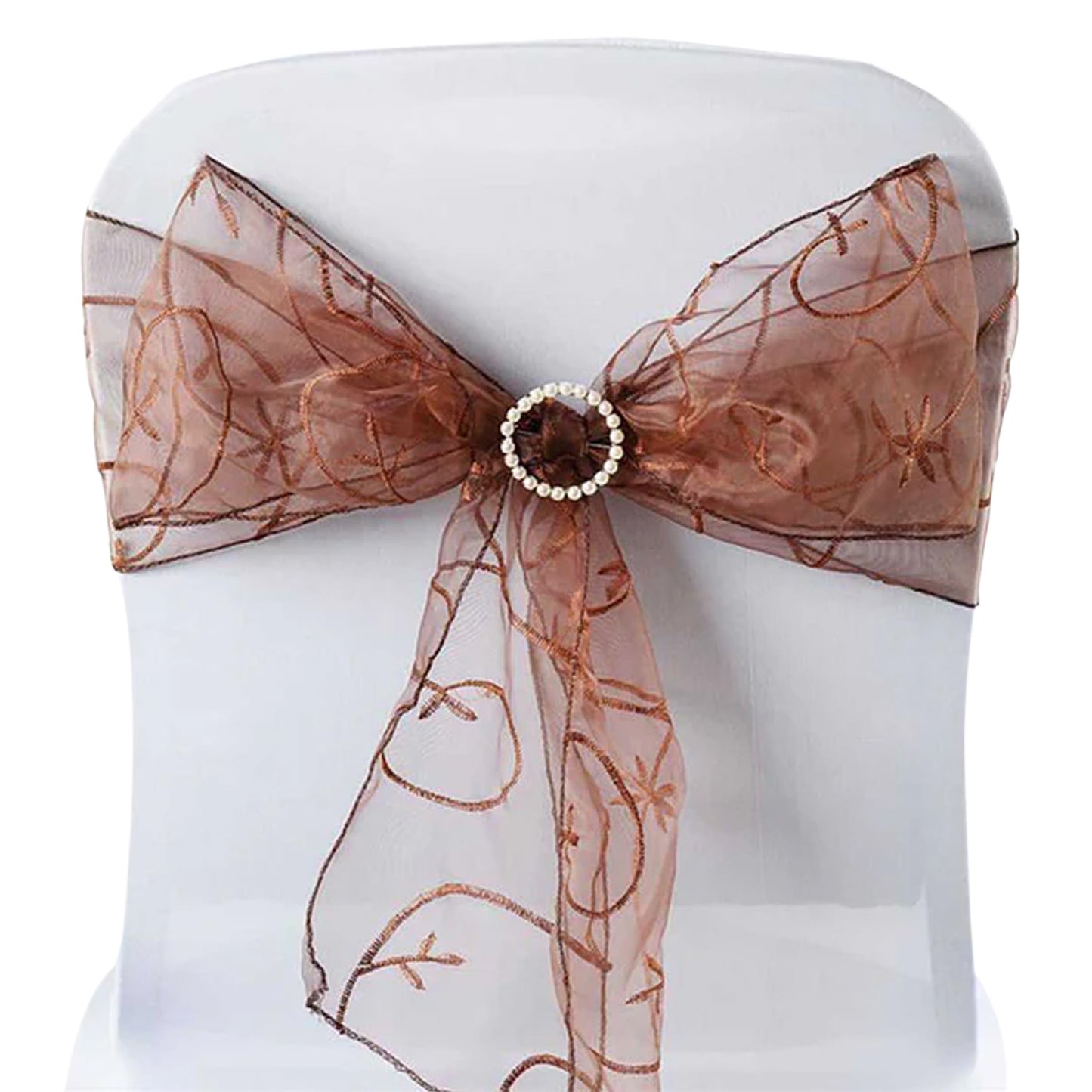 5 Pack | Chocolate Embroidered Organza Chair Sashes | 7"x108"