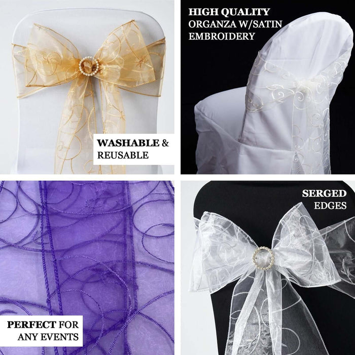 5 Pack | Eggplant Embroidered Organza Chair Sashes | 7"x108"