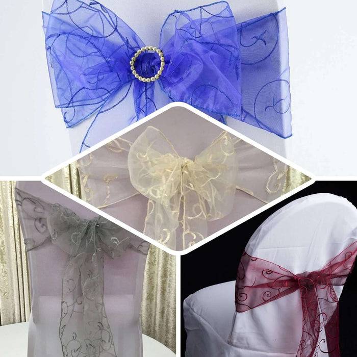 5 Pack | Eggplant Embroidered Organza Chair Sashes | 7"x108"