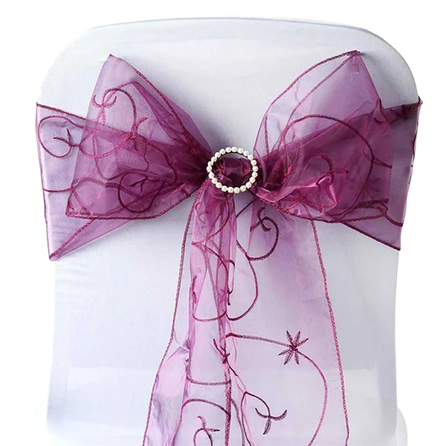 5 Pack | Eggplant Embroidered Organza Chair Sashes | 7"x108"