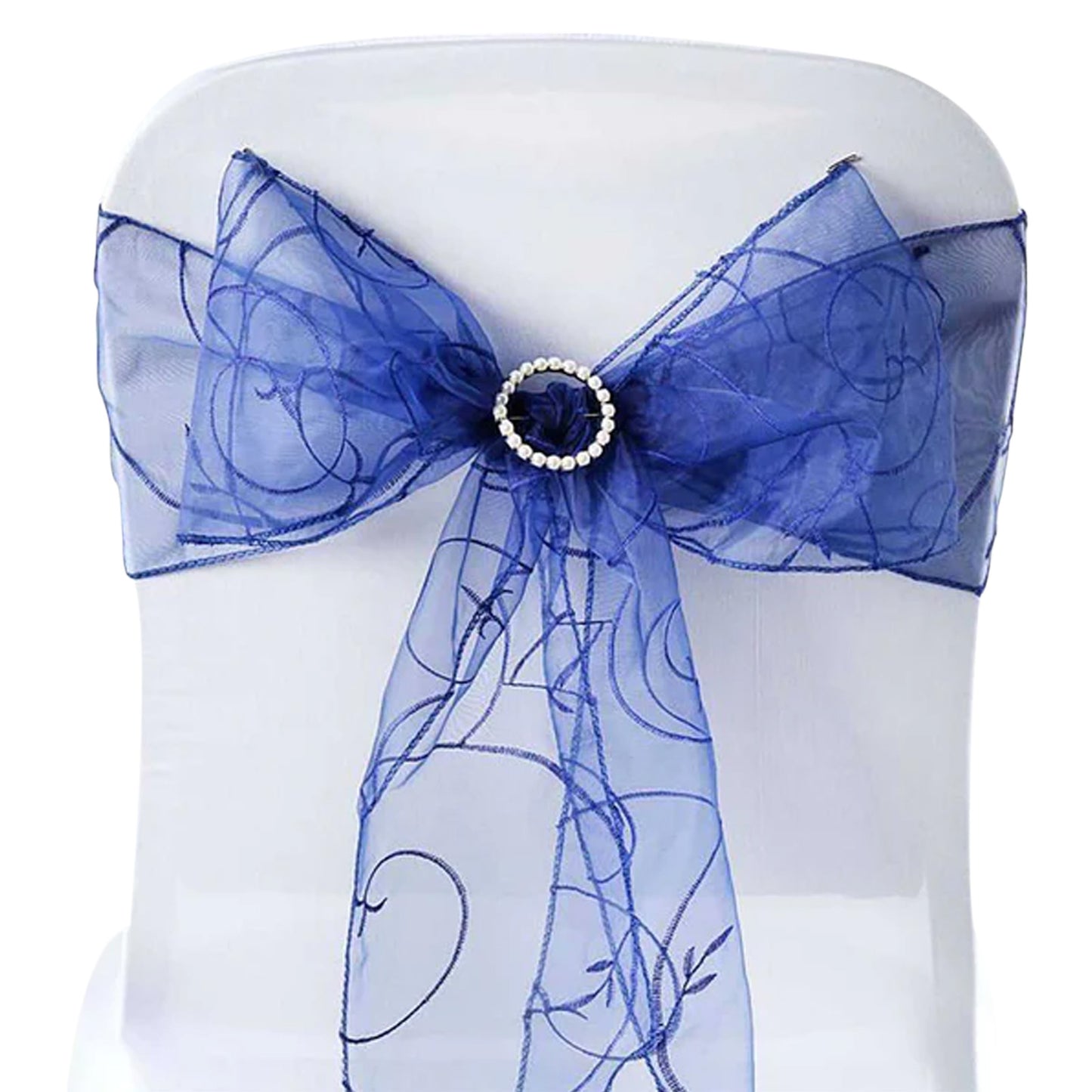 5 Pack | Navy Blue Embroidered Organza Chair Sashes | 7"x108"