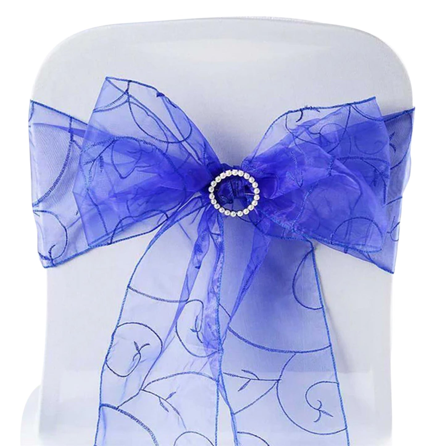 5 Pack | Royal Blue Embroidered Organza Chair Sashes | 7"x108"