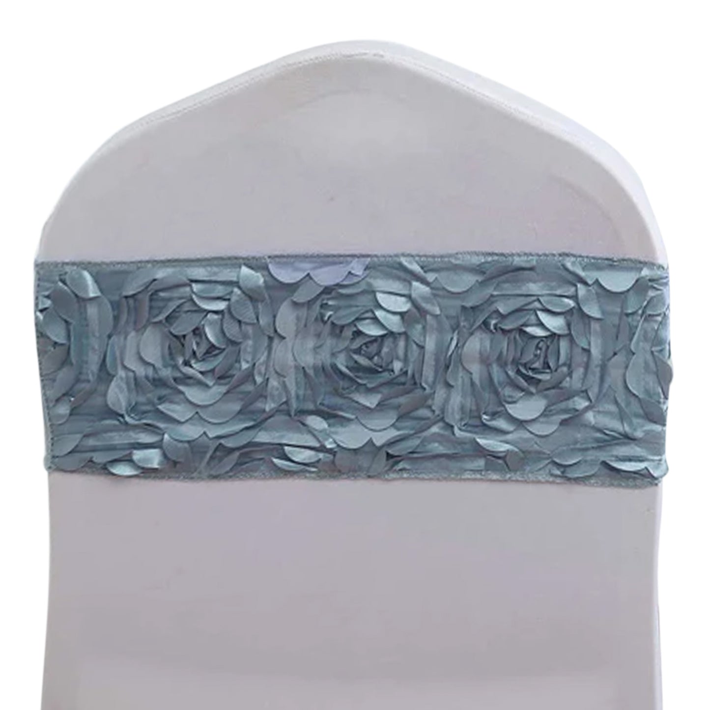 5 Pack | Dusty Blue Satin Rosette Spandex Stretch Chair Sashes | 6"x14"
