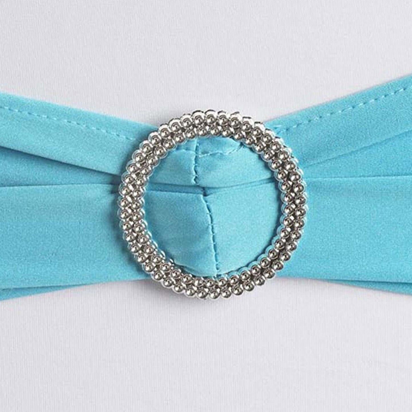 5 Pack | Turquoise Spandex Stretch Chair Sashes with Silver Diamond Ring Slide Buckle | 5"x14"