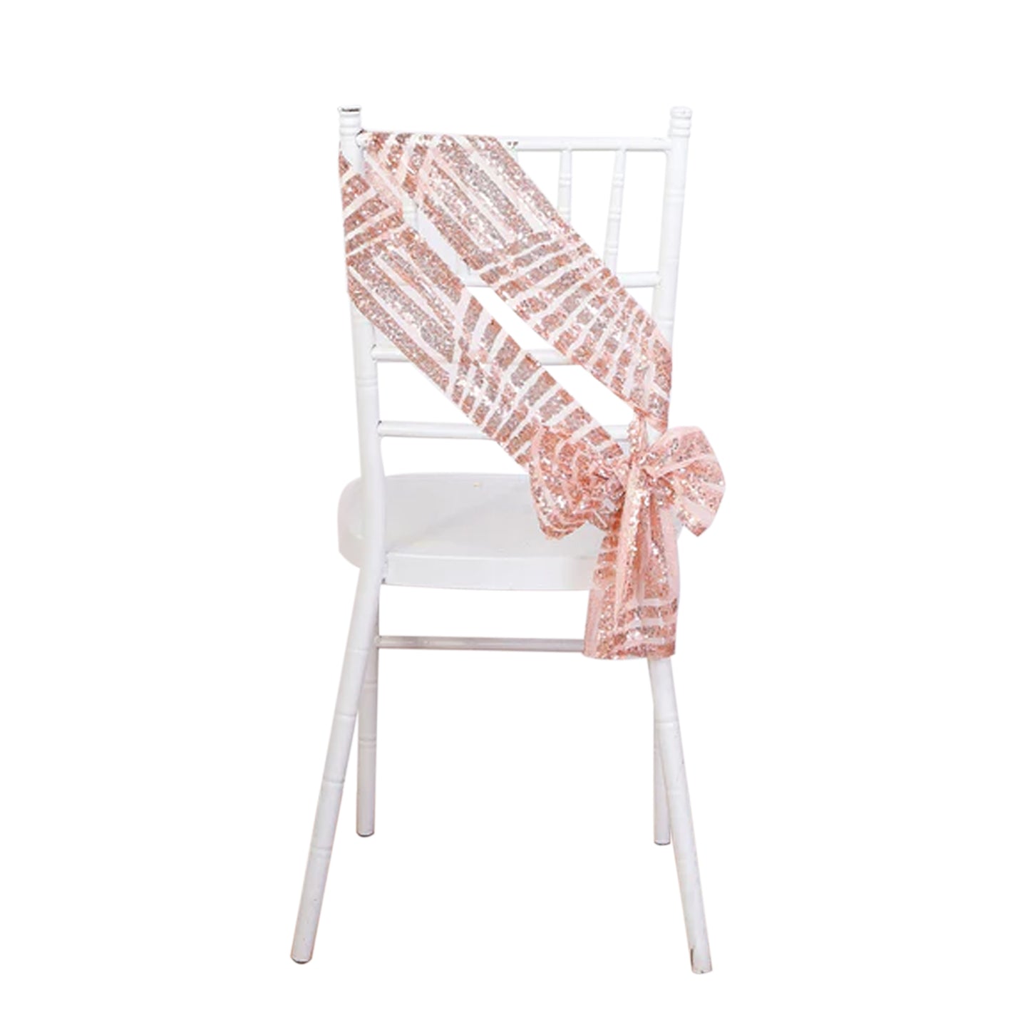 Rose gold geometric sequin chair sash on a white chair. #whtbkgd