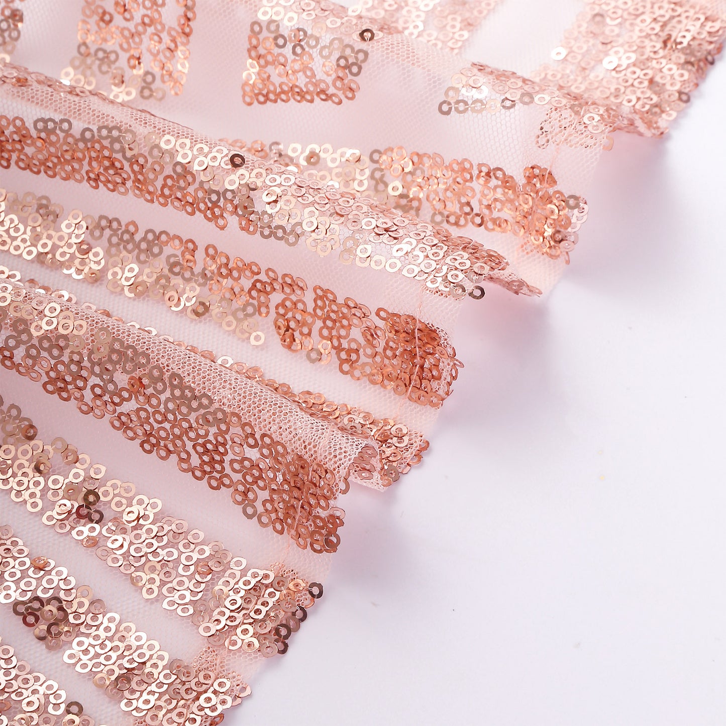 Rose gold sequin chair sashes, 5 pack, geometric diamond design.