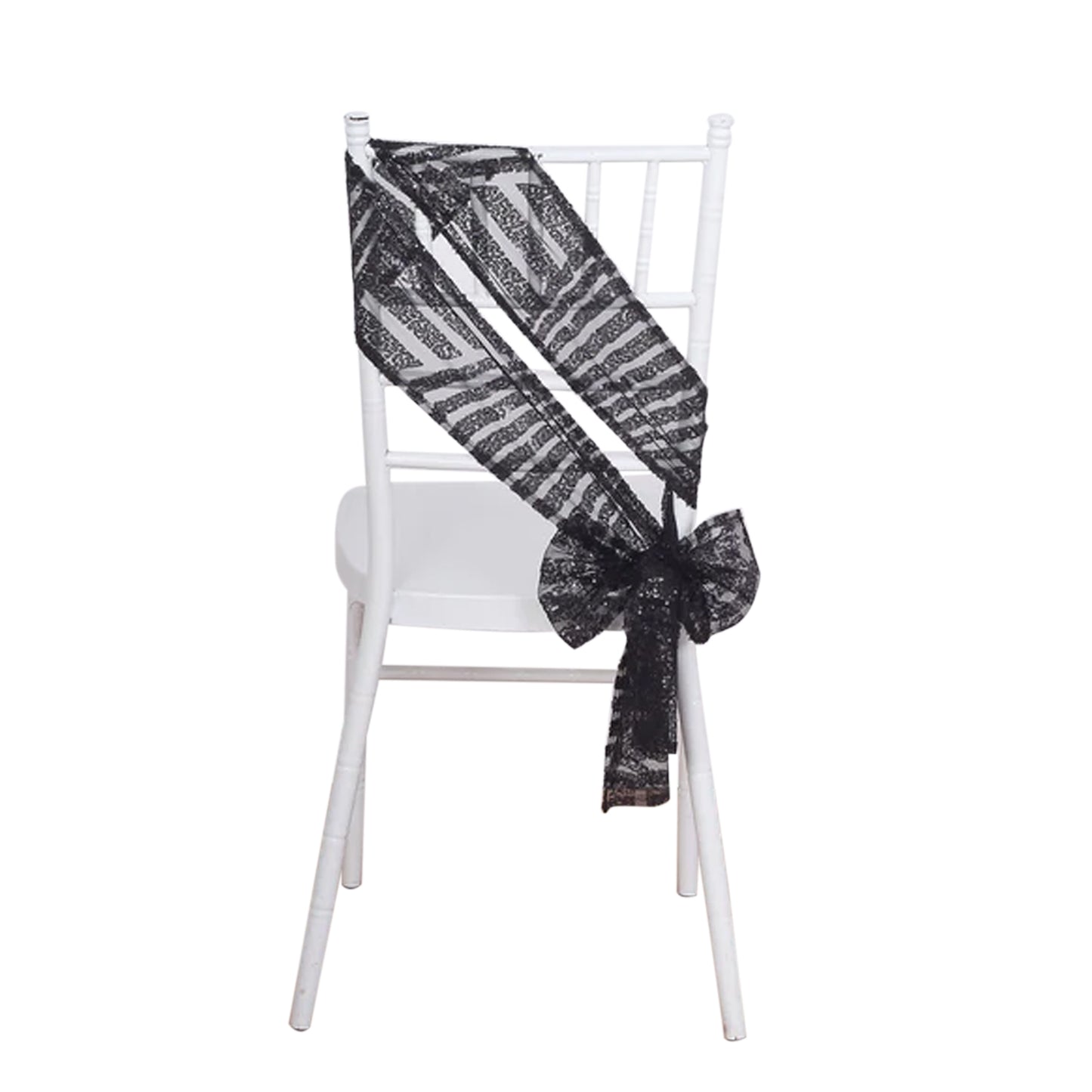 Black geometric diamond sequin chair sash draped on a white chair. #whtbkgd