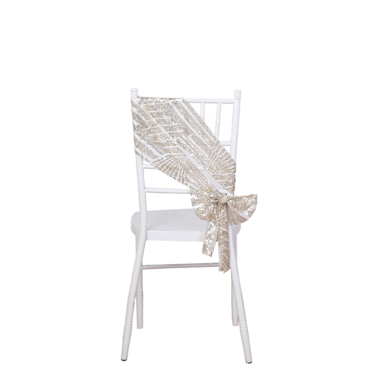 Champagne geometric diamond glitz sequin chair sash on a white chair.