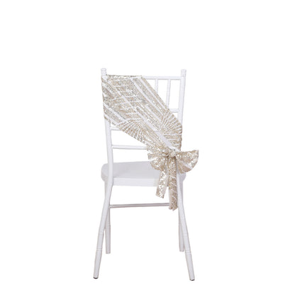 Champagne geometric diamond glitz sequin chair sash on a white chair.