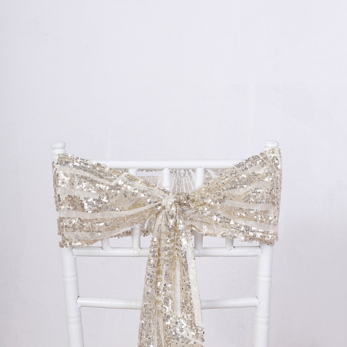 Champagne sequin chair sash with geometric diamond design, 6"x 88" size.