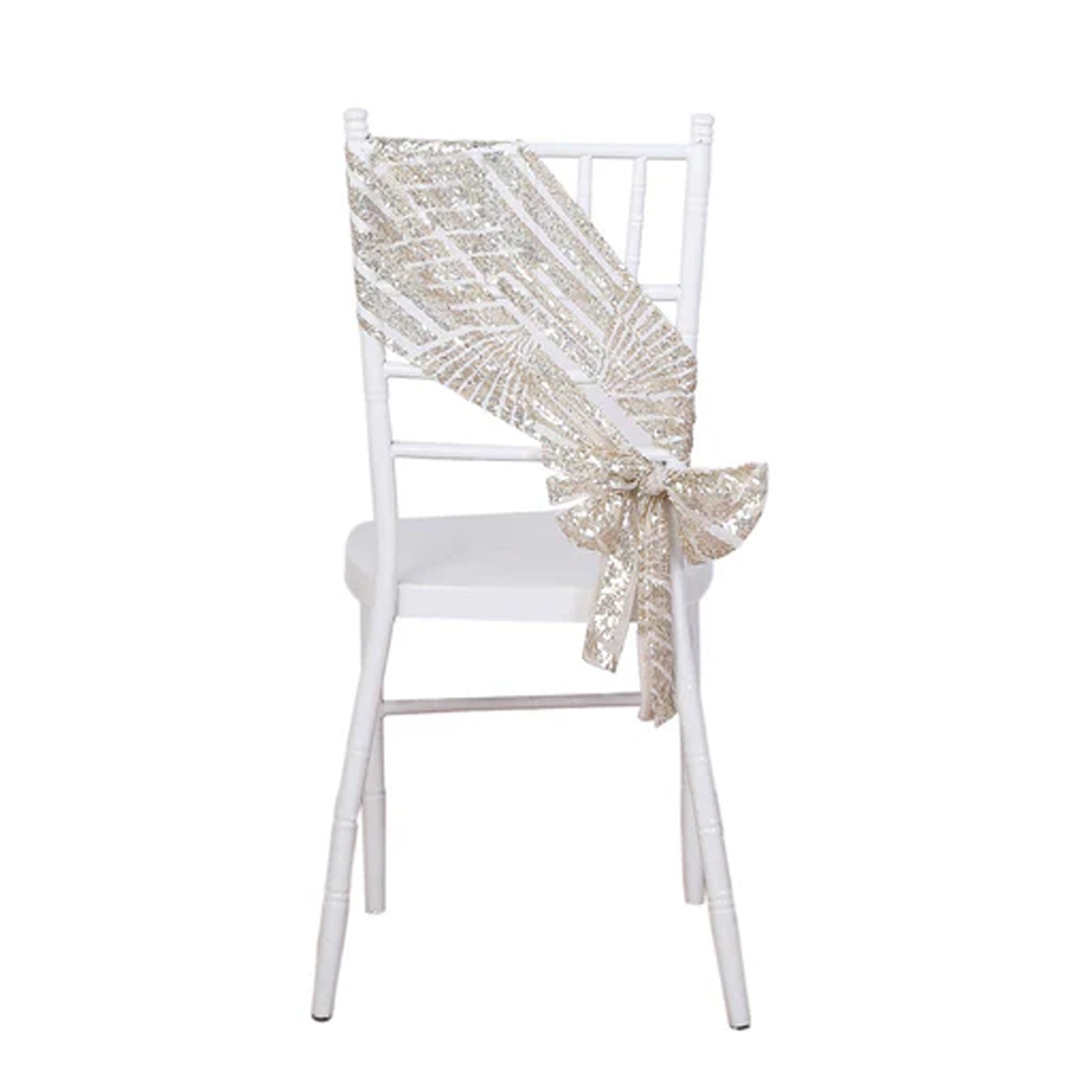 Champagne geometric diamond glitz sequin chair sash on a white chair. #whtbkgd