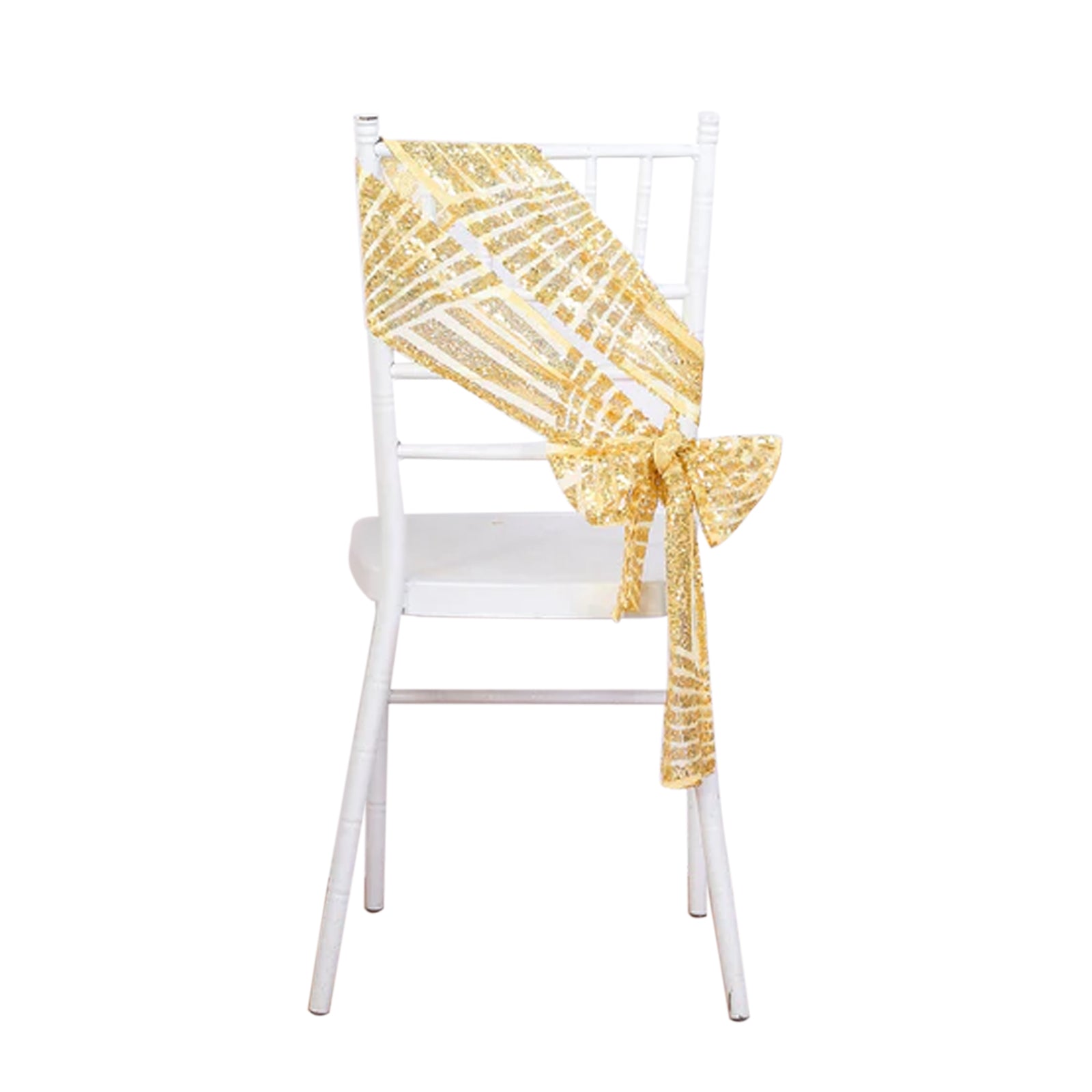 Gold geometric diamond glitz sequin chair sash on a white chair. #whtbkgd