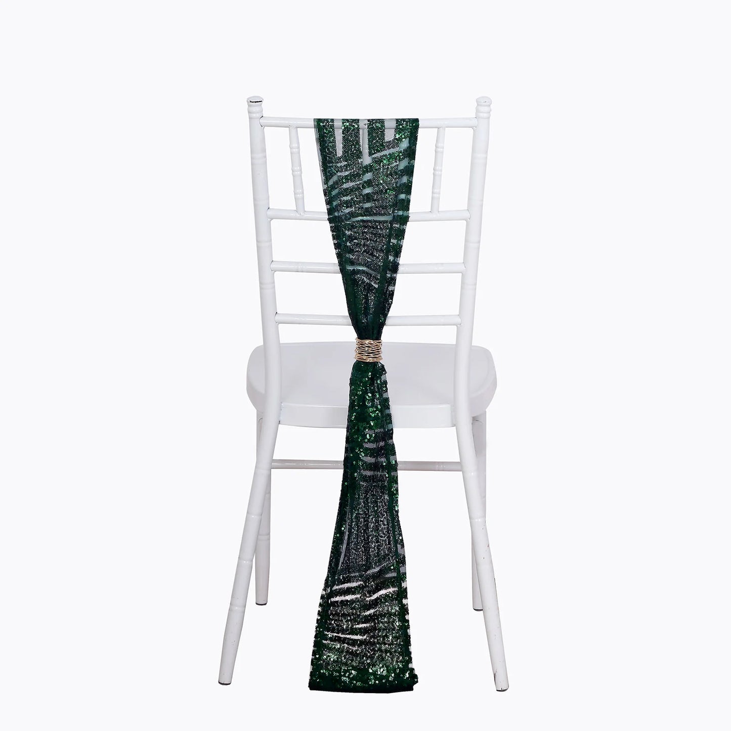 Emerald green geometric diamond sequin chair sash on a white chair.