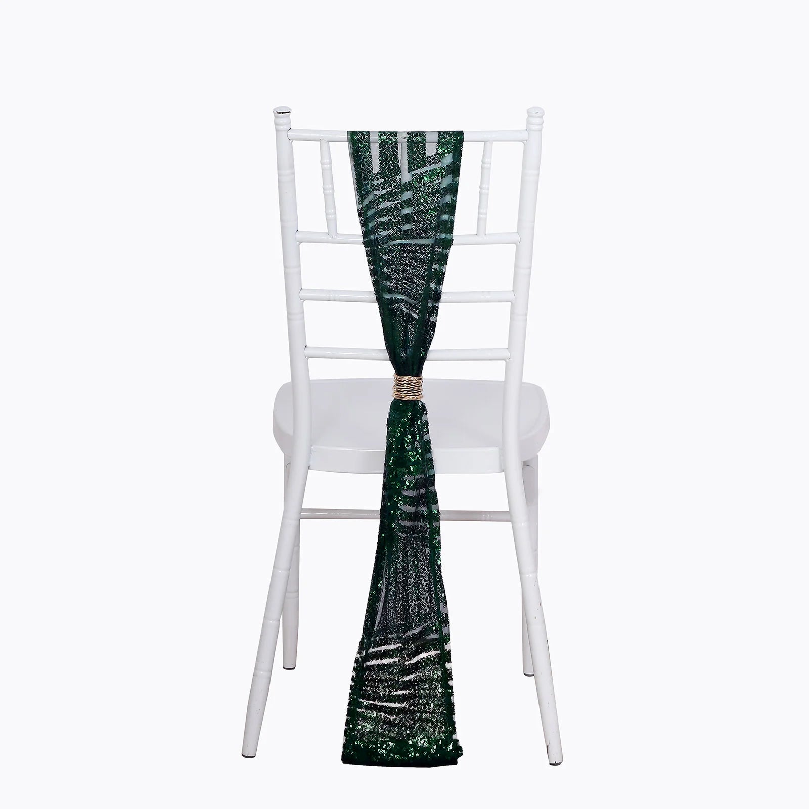 Emerald green geometric diamond sequin chair sash on a white chair.