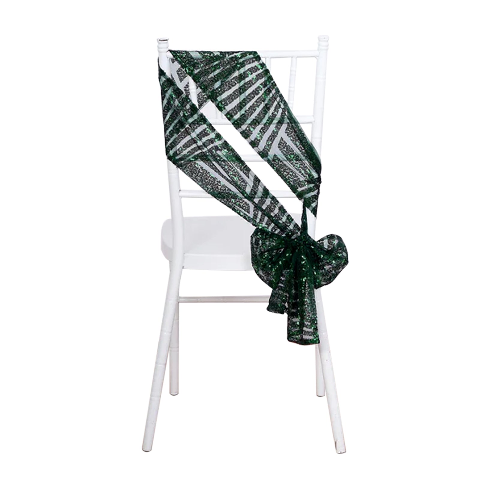 Emerald green geometric diamond glitz sequin chair sash on a white chair. #whtbkgd