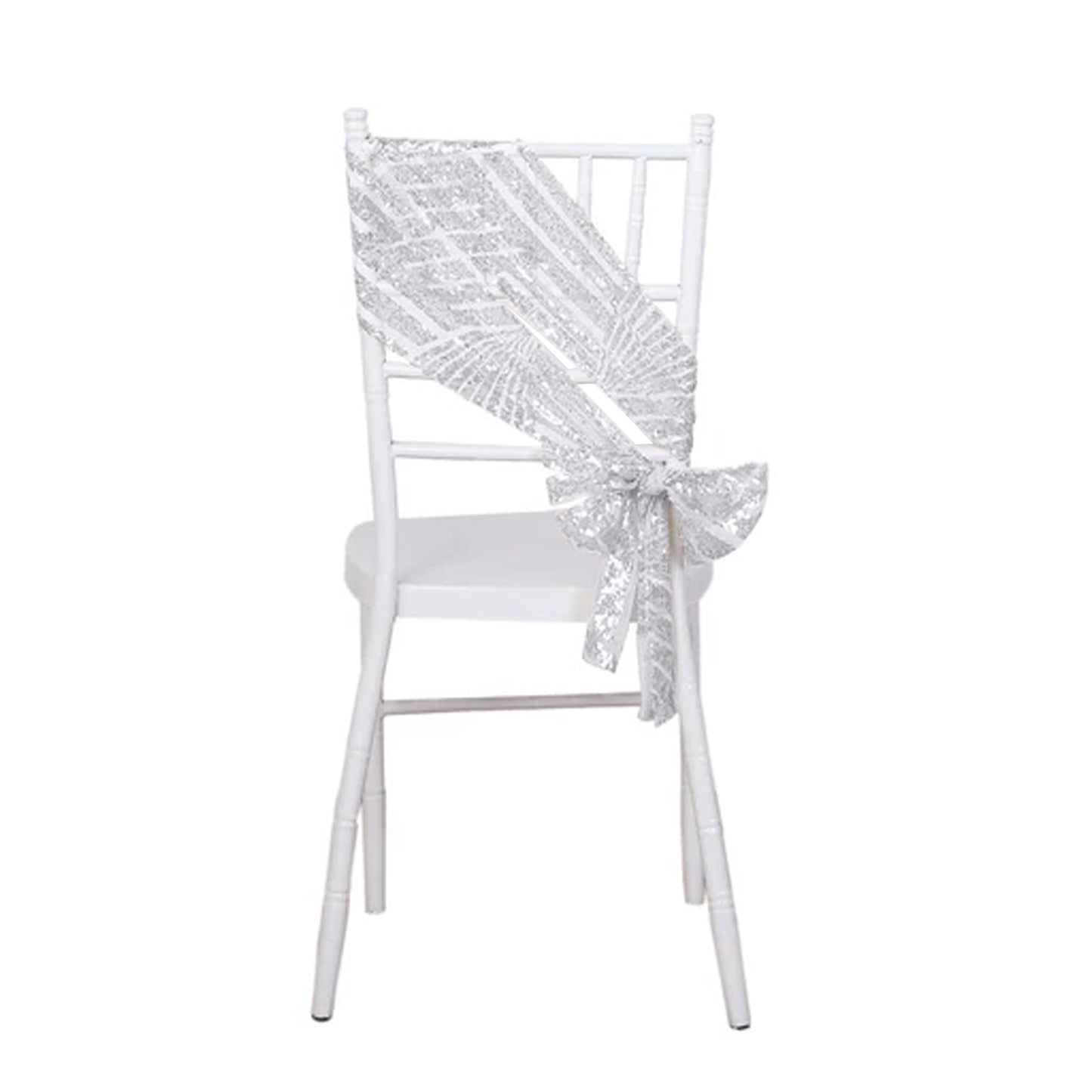 Silver geometric diamond glitz sequin chair sash on a white chair. #whtbkgd