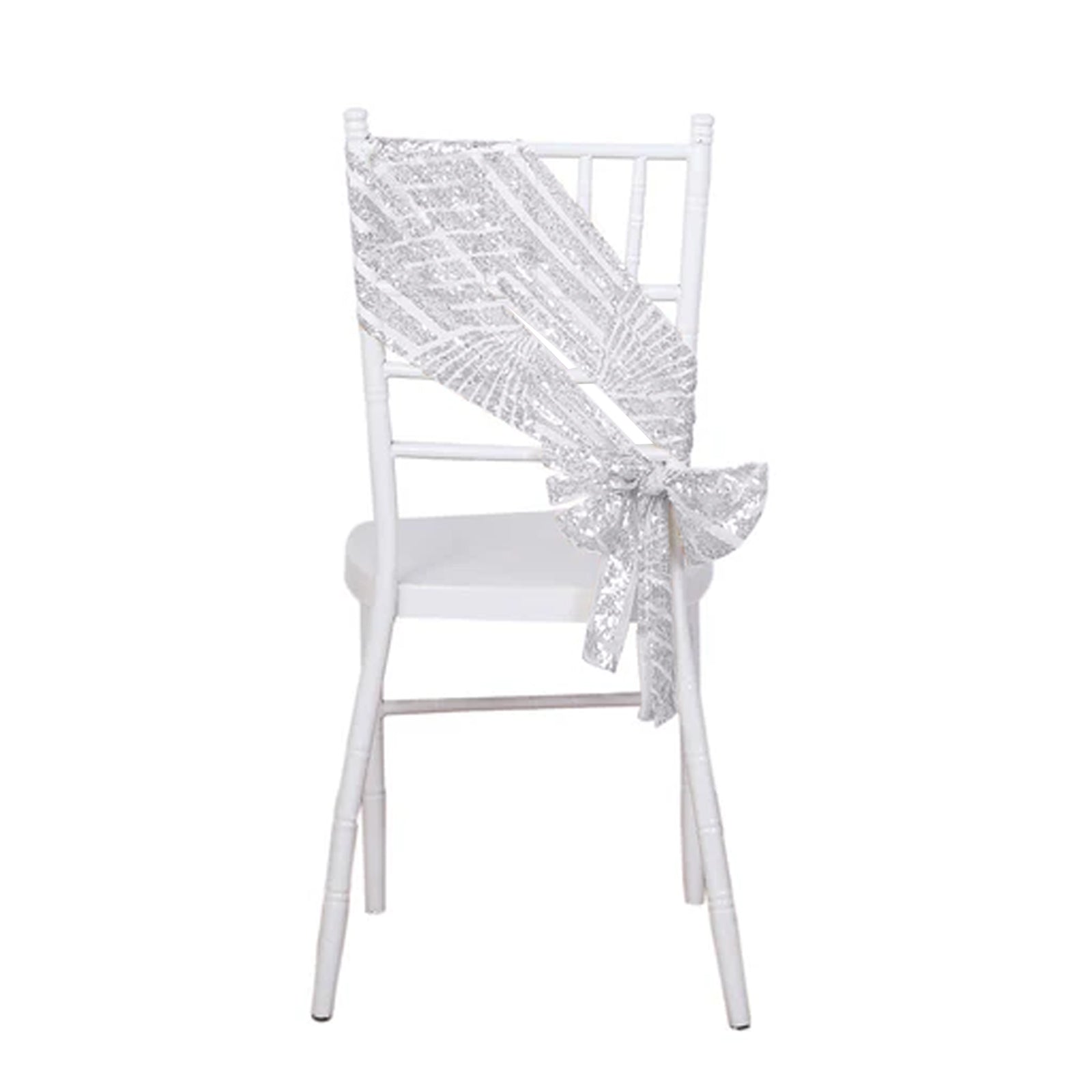 Silver geometric diamond glitz sequin chair sash on a white chair. #whtbkgd