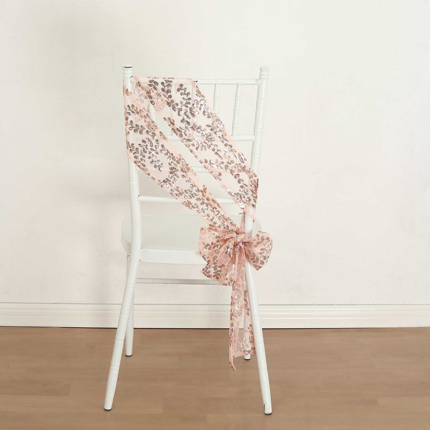 5 Pack Rose Gold Tulle Wedding Chair Sashes with Leaf Vine Embroidered Sequins - 6"x88"