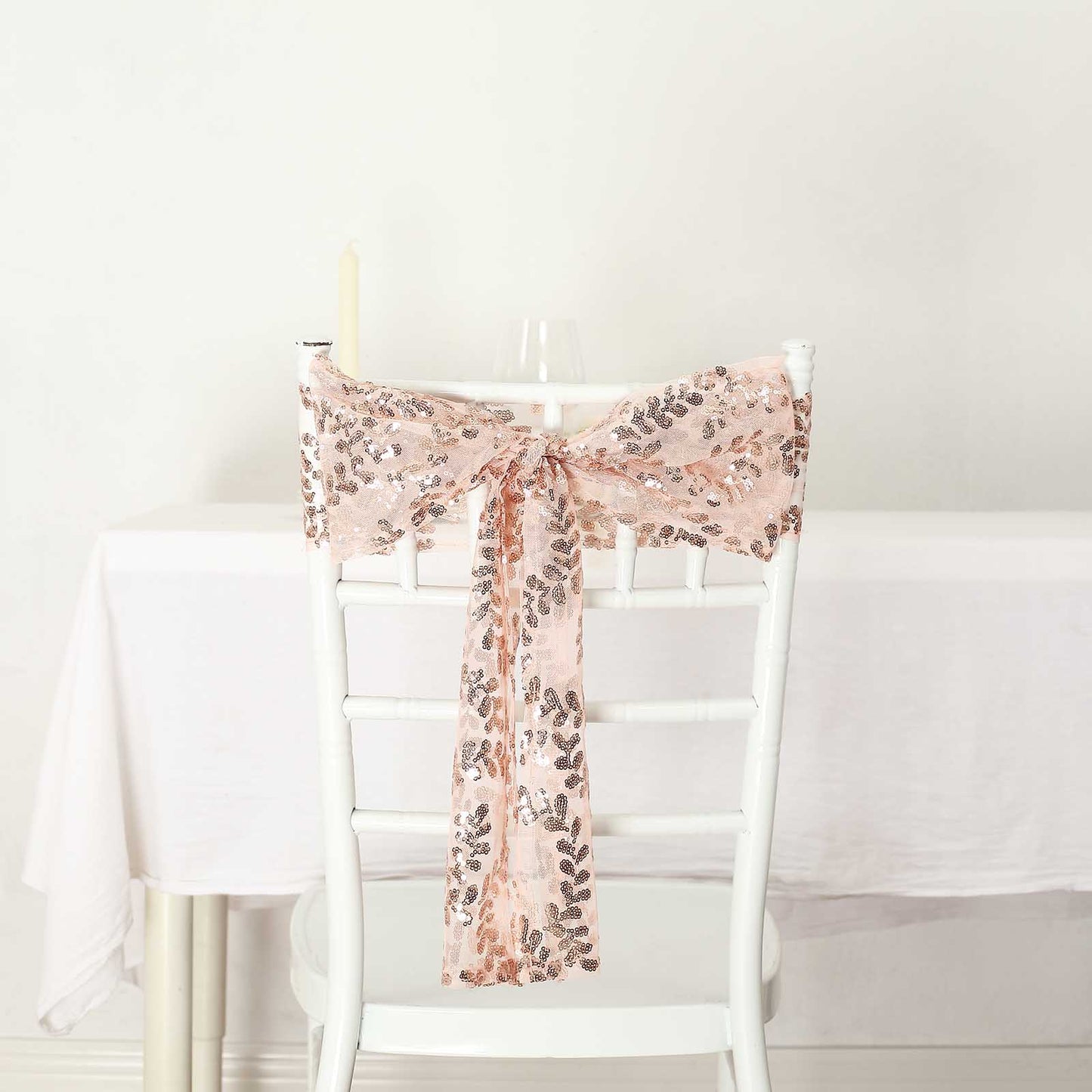 5 Pack Rose Gold Tulle Wedding Chair Sashes with Leaf Vine Embroidered Sequins - 6"x88"