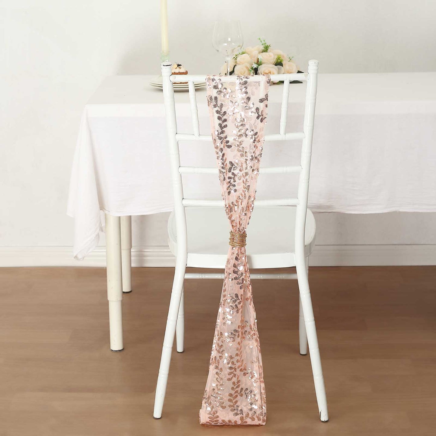 5 Pack Rose Gold Tulle Wedding Chair Sashes with Leaf Vine Embroidered Sequins - 6"x88"