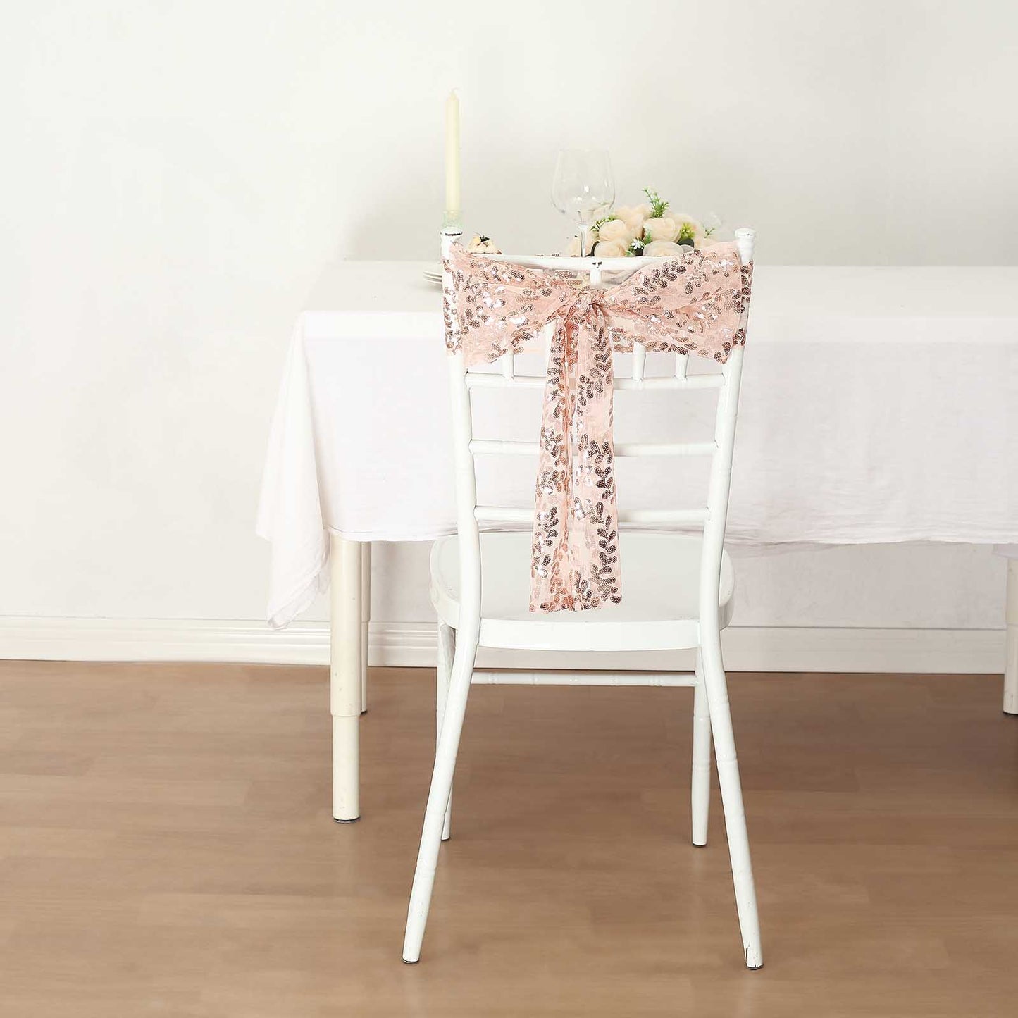 5 Pack Rose Gold Tulle Wedding Chair Sashes with Leaf Vine Embroidered Sequins - 6"x88"