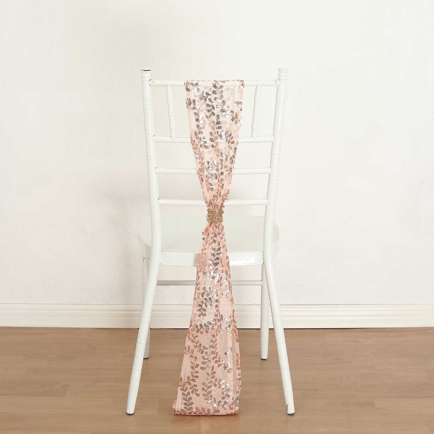 5 Pack Rose Gold Tulle Wedding Chair Sashes with Leaf Vine Embroidered Sequins - 6"x88"