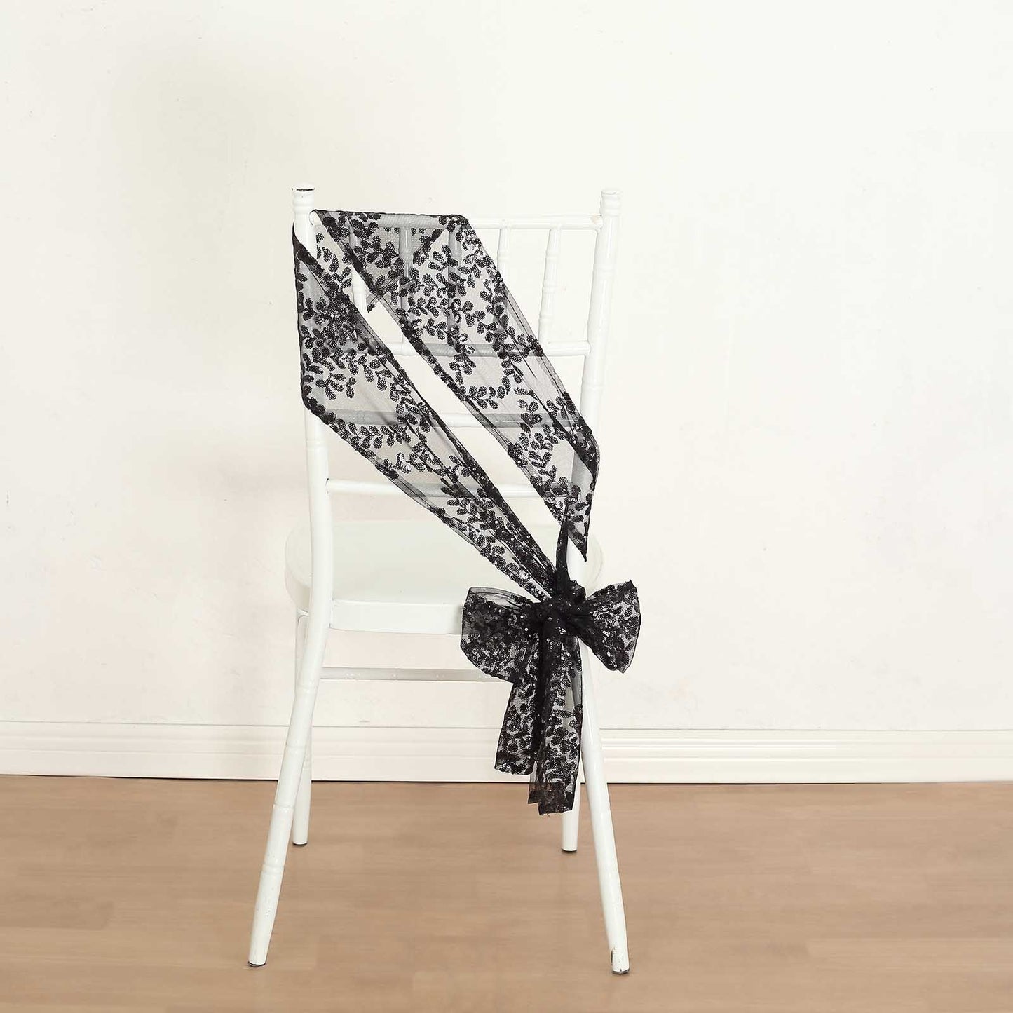 5 Pack Black Tulle Wedding Chair Sashes with Leaf Vine Embroidered Sequins - 6"x88"