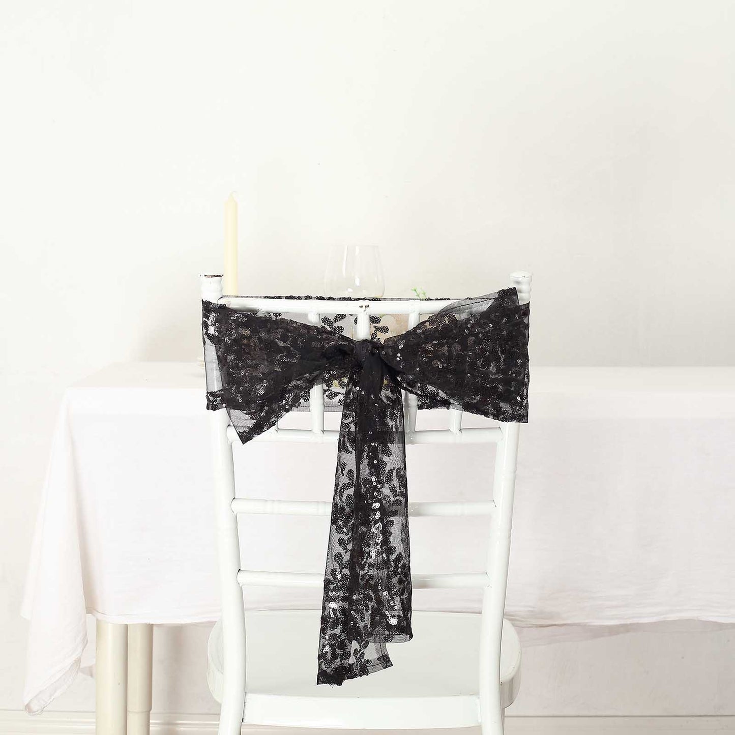 5 Pack Black Tulle Wedding Chair Sashes with Leaf Vine Embroidered Sequins - 6"x88"