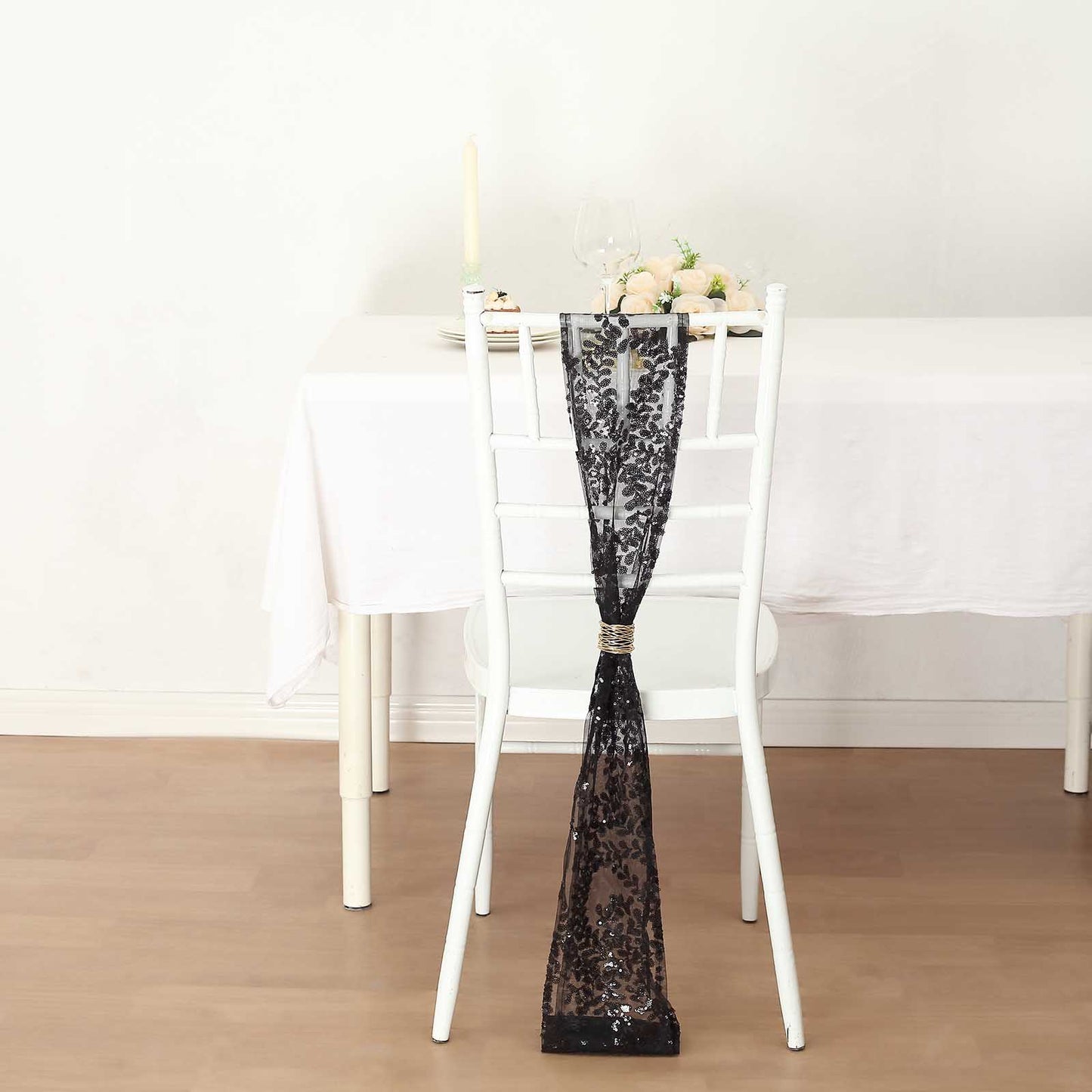 5 Pack Black Tulle Wedding Chair Sashes with Leaf Vine Embroidered Sequins - 6"x88"