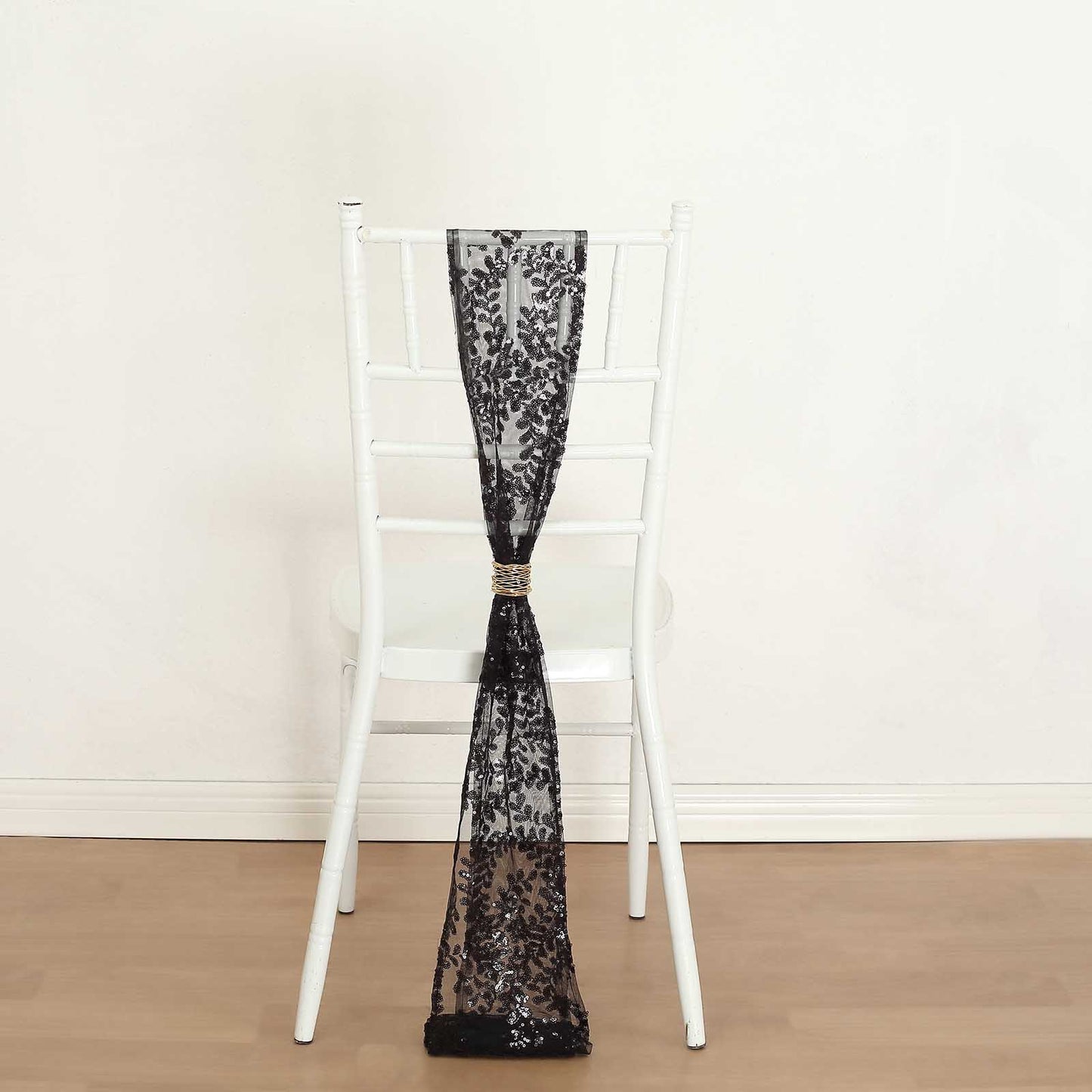 5 Pack Black Tulle Wedding Chair Sashes with Leaf Vine Embroidered Sequins - 6"x88"