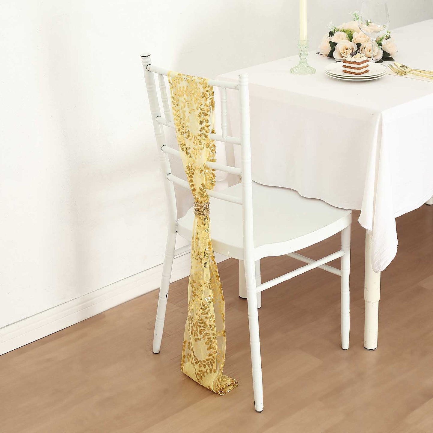 5 Pack Gold Tulle Wedding Chair Sashes with Leaf Vine Embroidered Sequins - 6"x88"