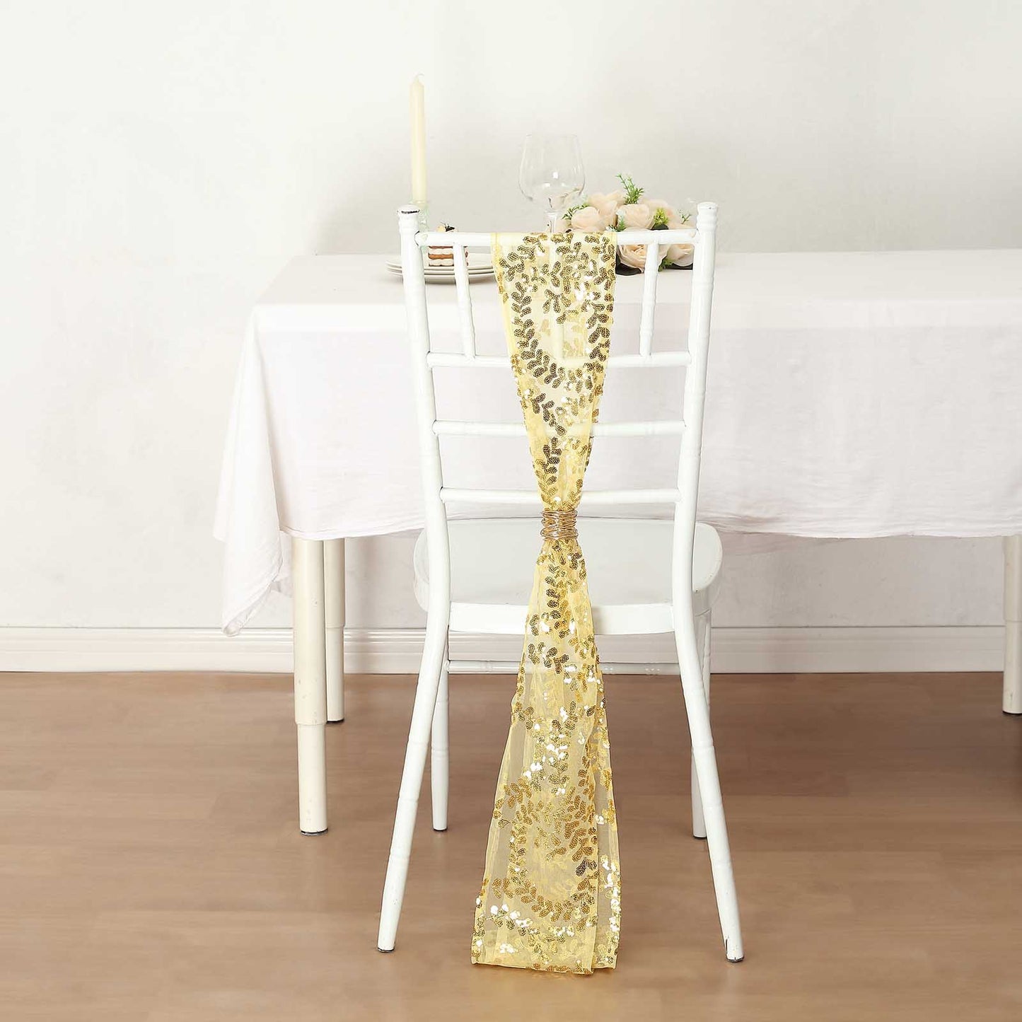 5 Pack Gold Tulle Wedding Chair Sashes with Leaf Vine Embroidered Sequins - 6"x88"