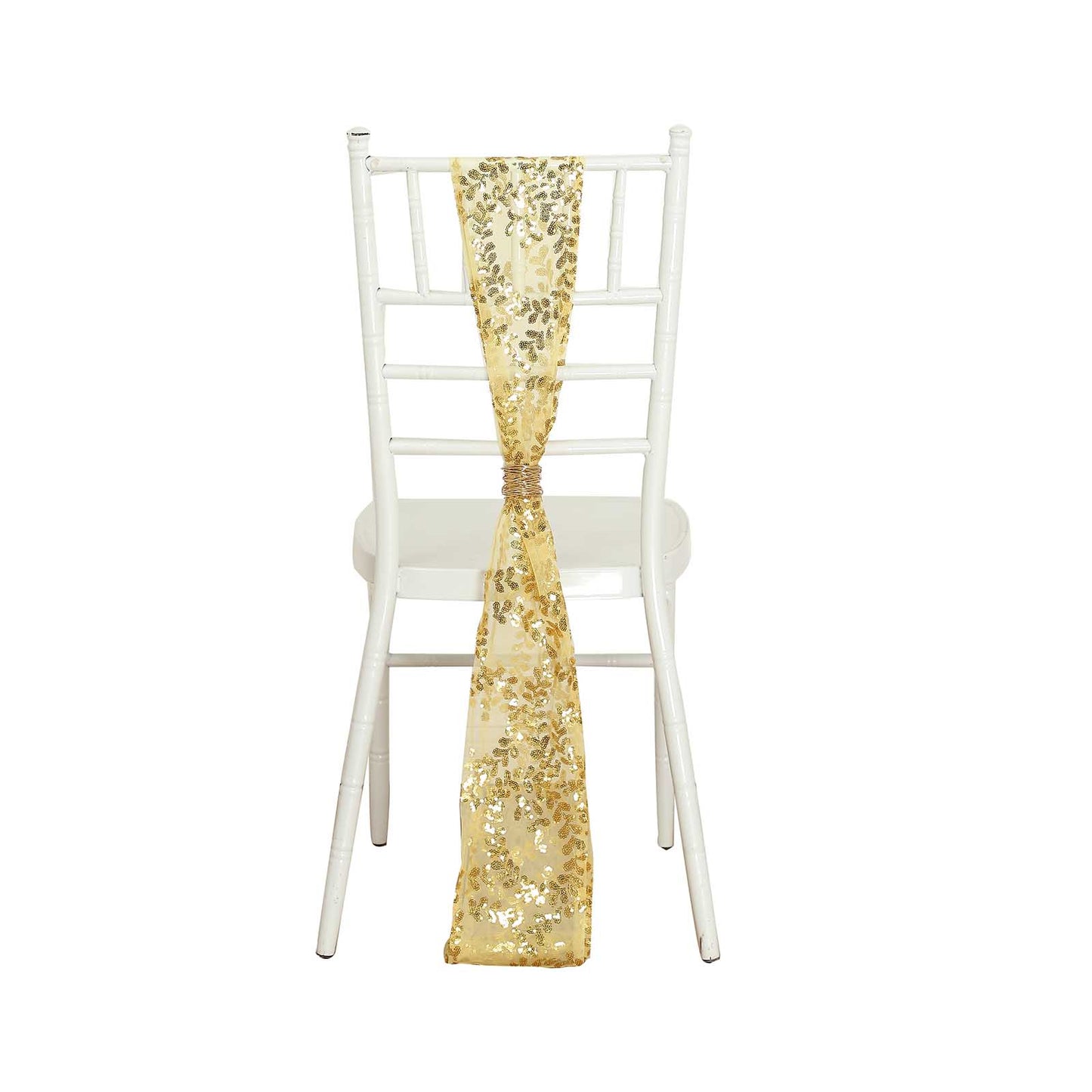 5 Pack Gold Tulle Wedding Chair Sashes with Leaf Vine Embroidered Sequins - 6"x88"