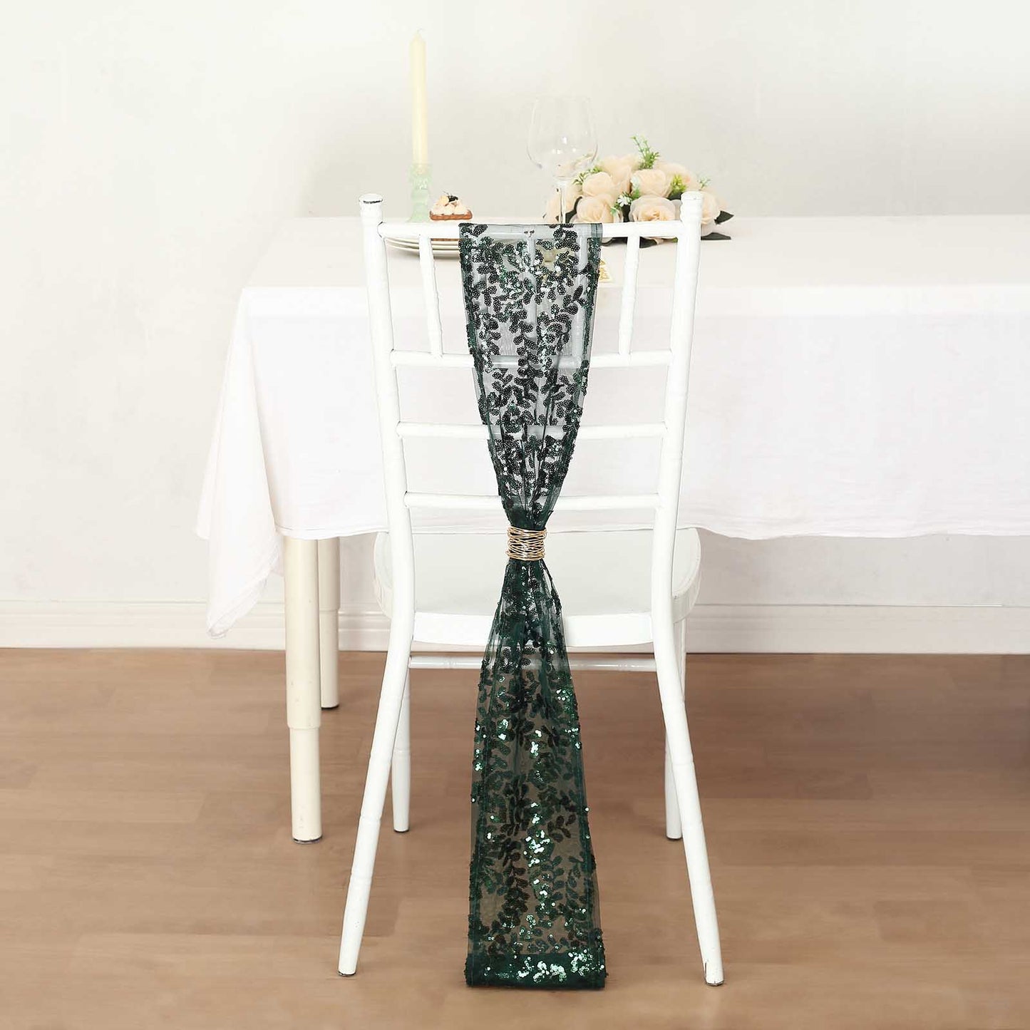 5 Pack Hunter Emerald Green Tulle Wedding Chair Sashes with Leaf Vine Embroidered Sequins - 6"x88"