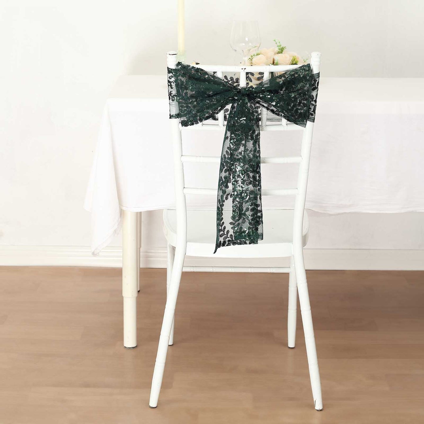 5 Pack Hunter Emerald Green Tulle Wedding Chair Sashes with Leaf Vine Embroidered Sequins - 6"x88"