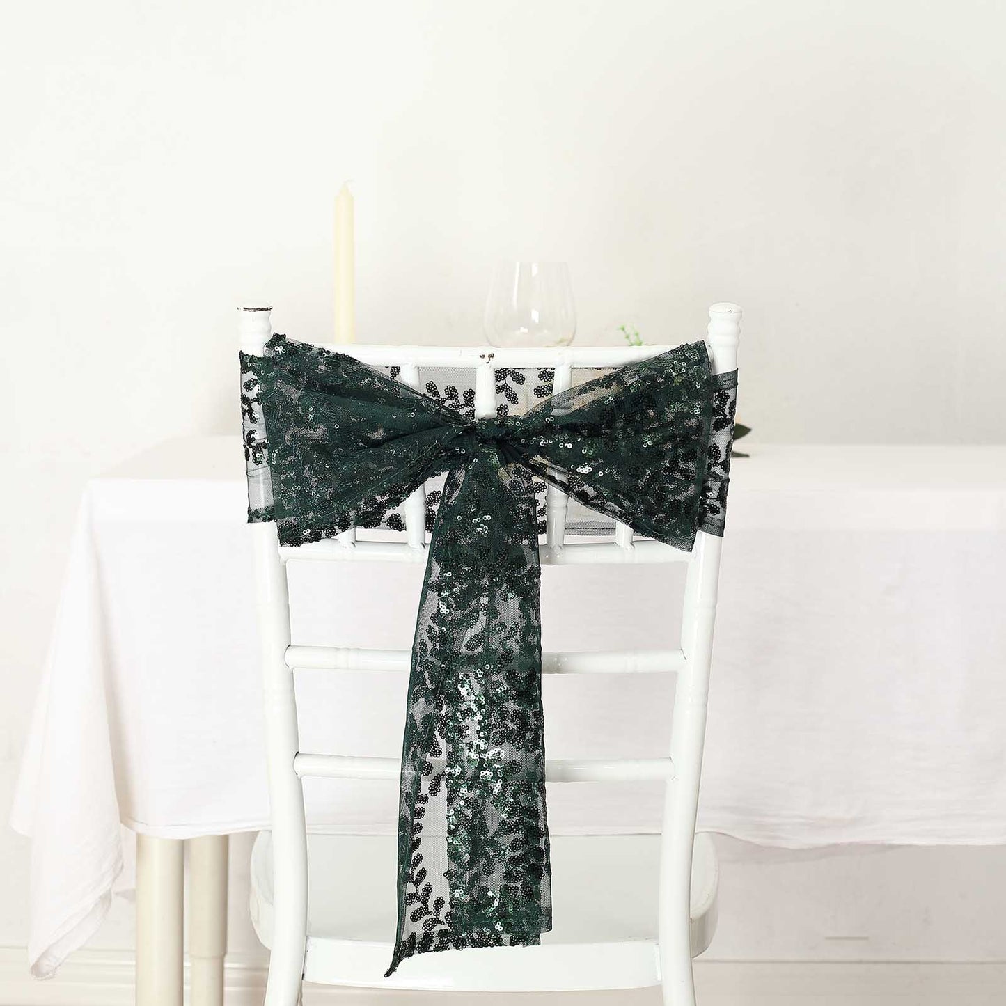 5 Pack Hunter Emerald Green Tulle Wedding Chair Sashes with Leaf Vine Embroidered Sequins - 6"x88"