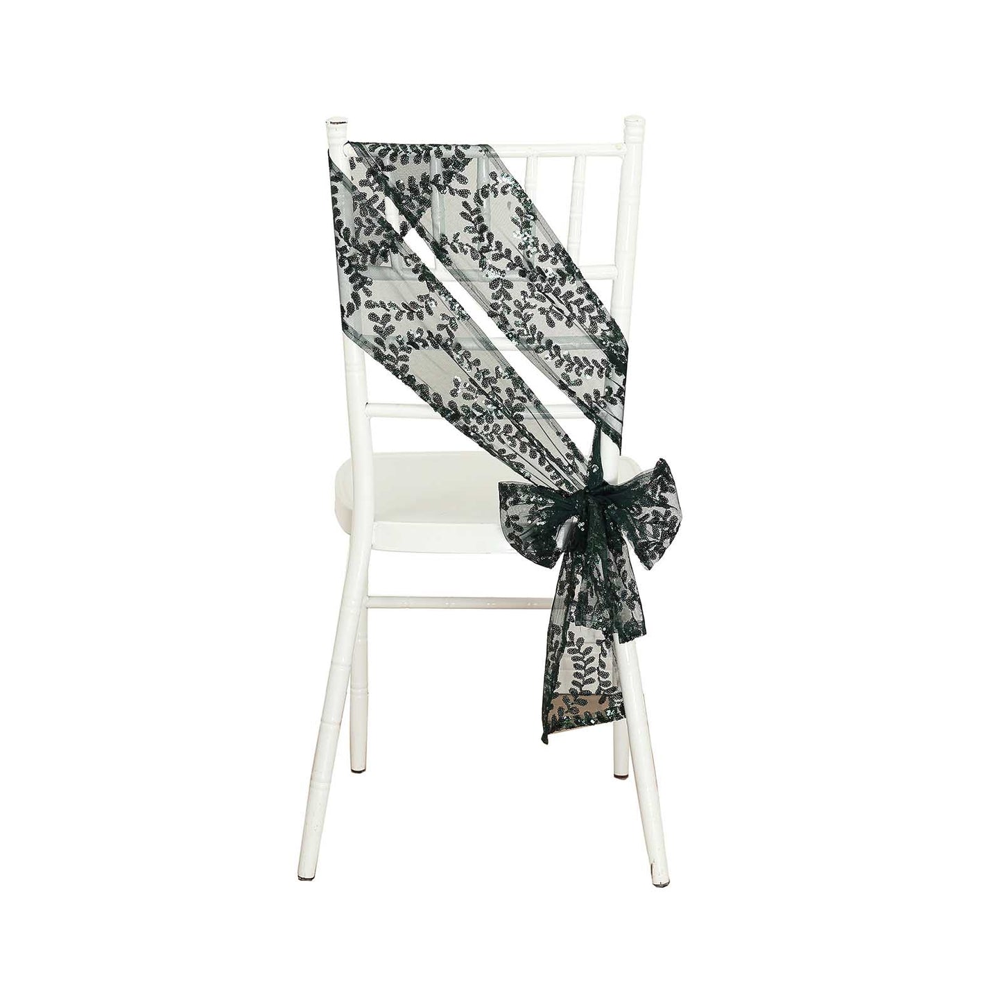 5 Pack Hunter Emerald Green Tulle Wedding Chair Sashes with Leaf Vine Embroidered Sequins - 6"x88"