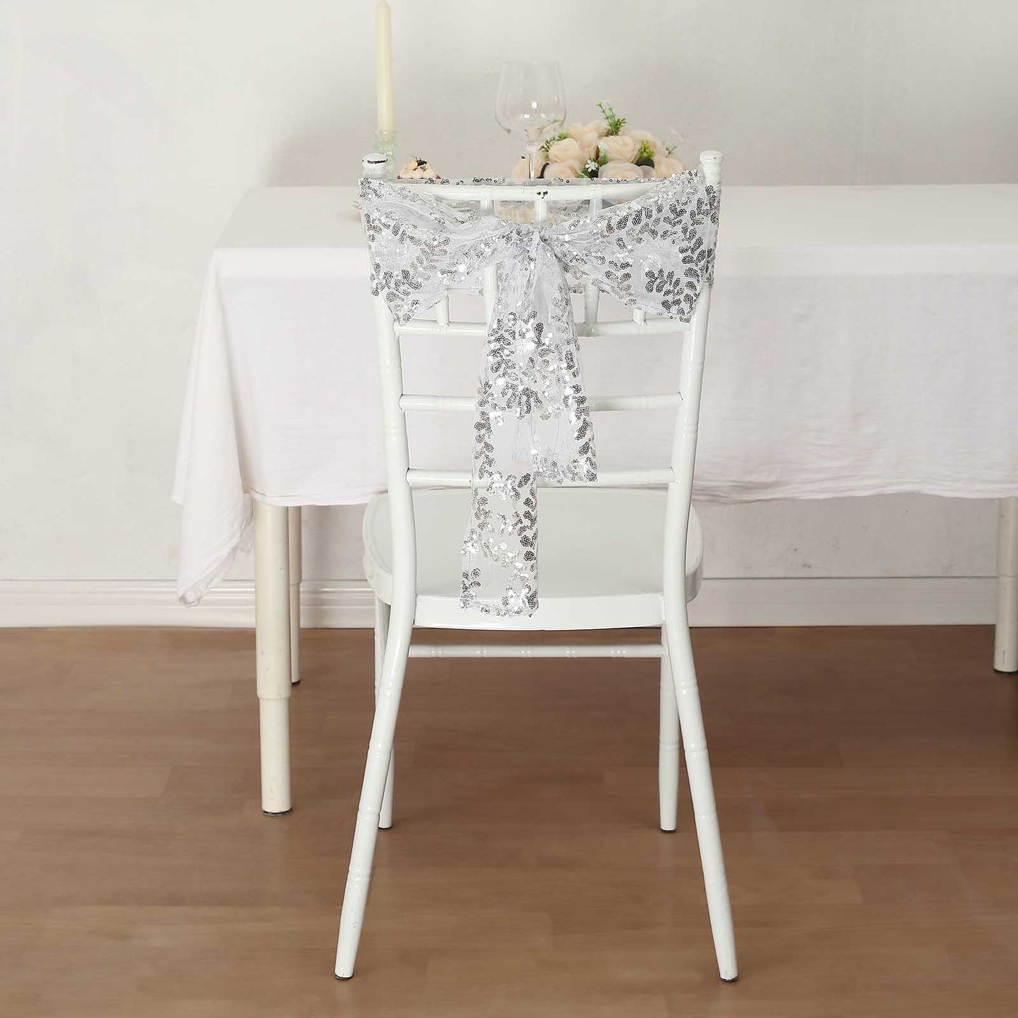 5 Pack Silver Tulle Wedding Chair Sashes with Leaf Vine Embroidered Sequins - 6"x88"