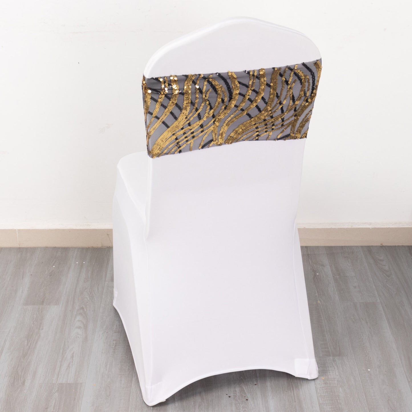 5 Pack Black Gold Wave Chair Sash Bands With Embroidered Sequins